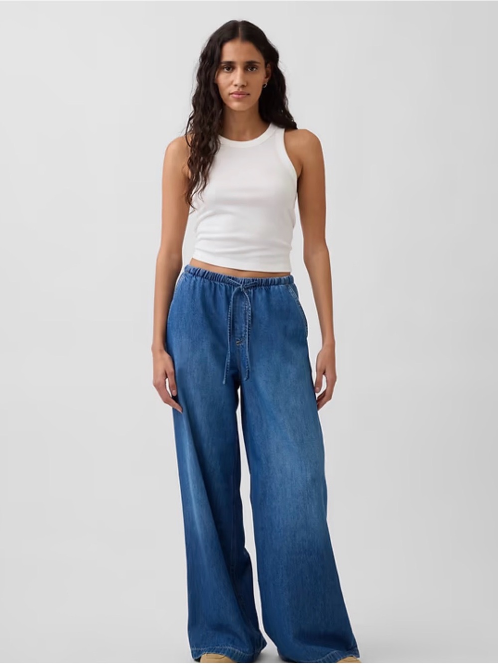 Easy Baggy in M Wide Leg Drawstring Denim Jeans in Medium Sun Blue